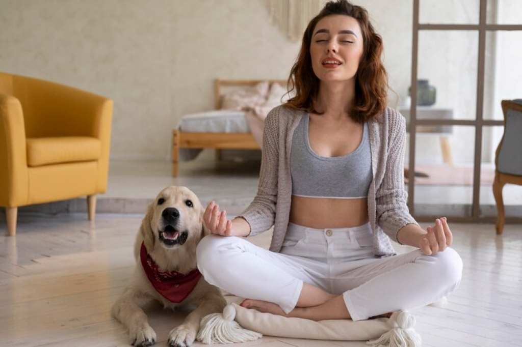 Full Shot Woman Meditating With Dog 23 2149031248
