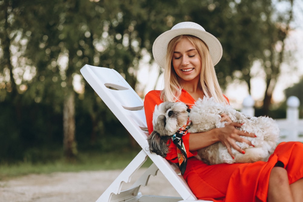 Pretty Woman With Her Cute Dog Vacation Min