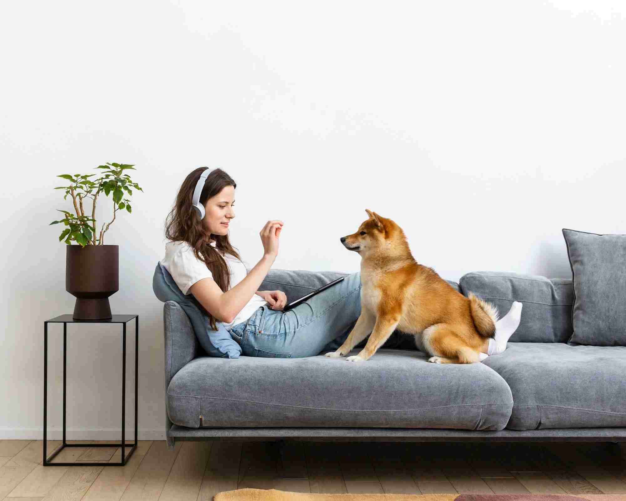 Woman seating on a sofa with her pet