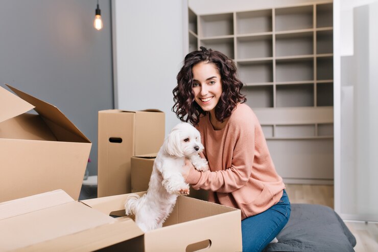 Moving New Modern Apartment Joyful Young Woman Finding Little White Dog Carton Box Smiling Beautiful Model With Short Curly Brunette Hair Home Comfort 197531 2321